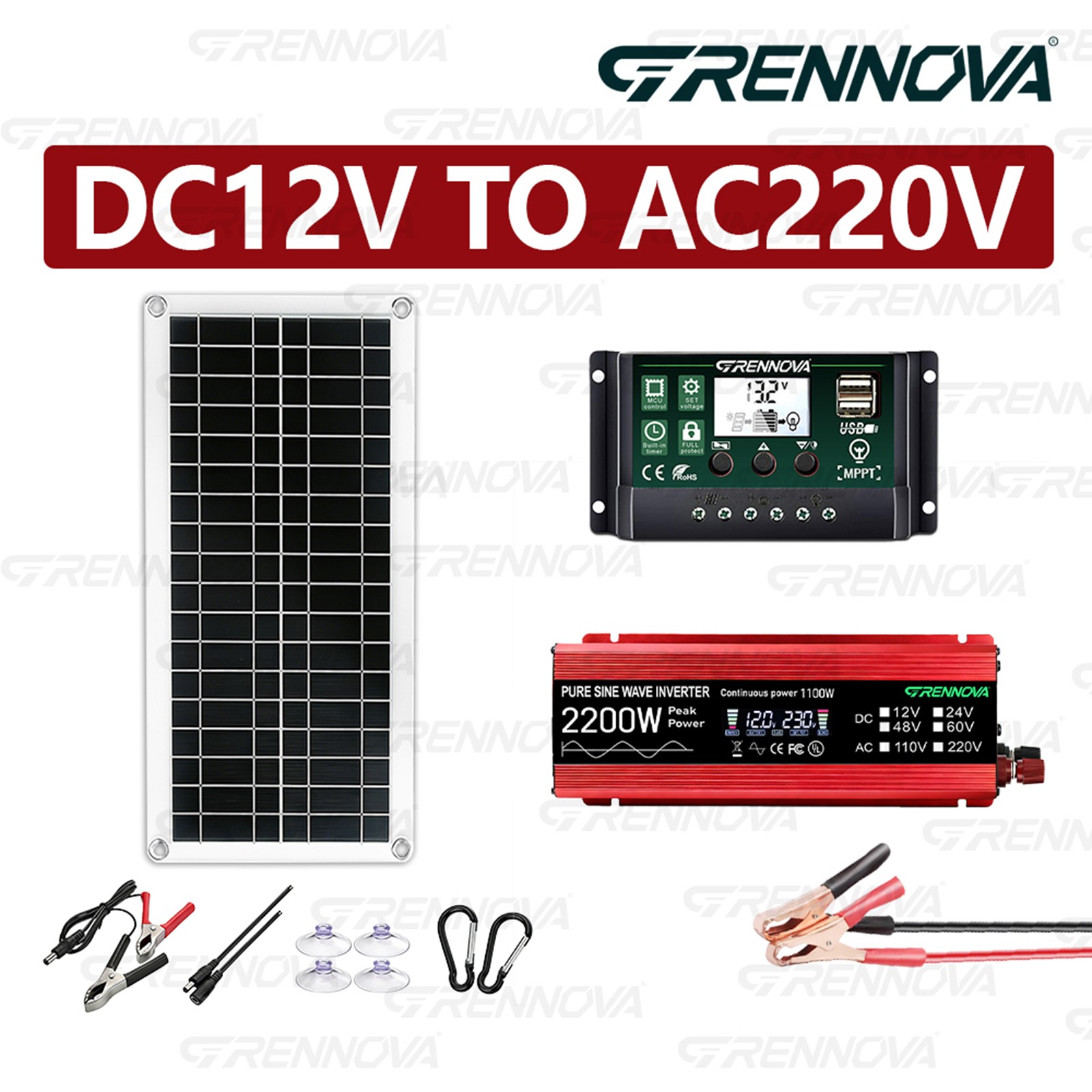 Grennova 2200W Pure Sine Off-Grid Solar Kit Dual Voltage DIY Home Backup Power