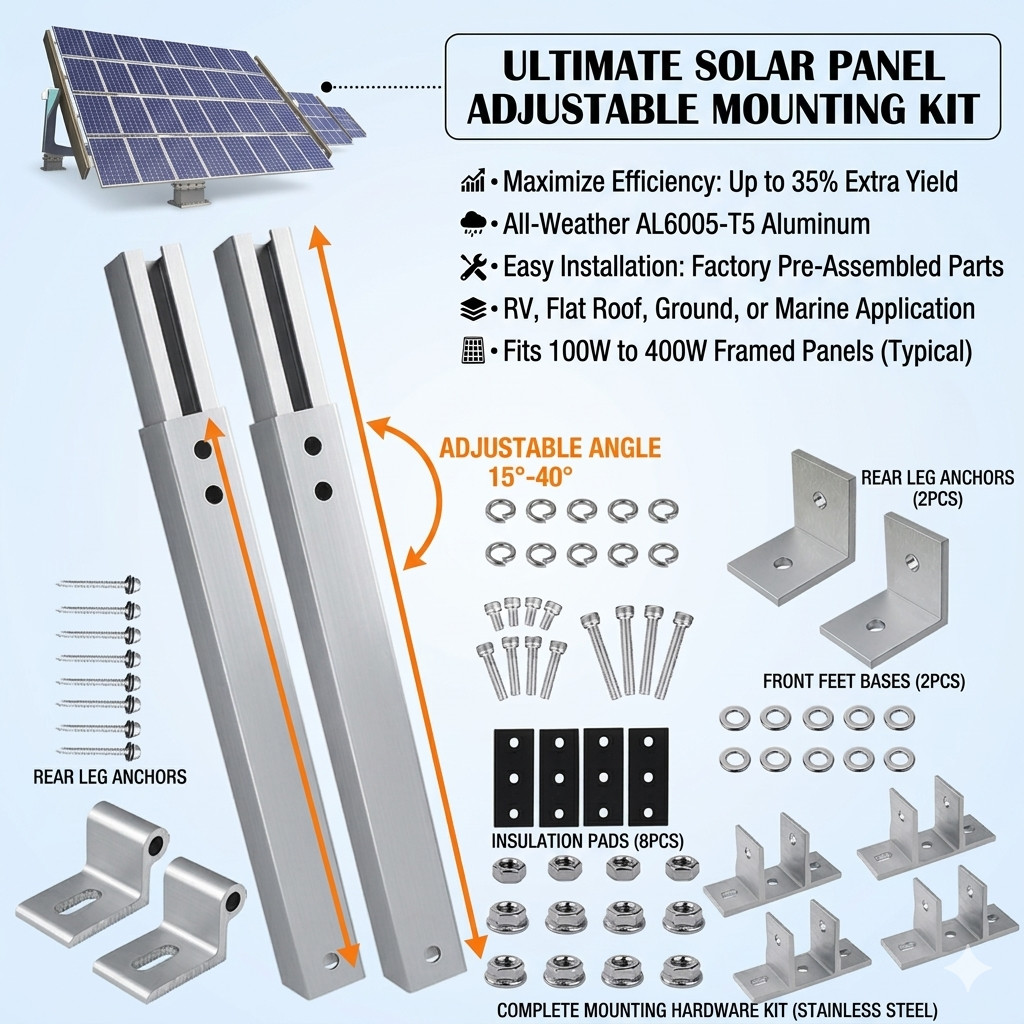 4Pcs Aluminum Adjustable Solar PV Tilt Mount Bracket Kit for Flat Roof RV Marine