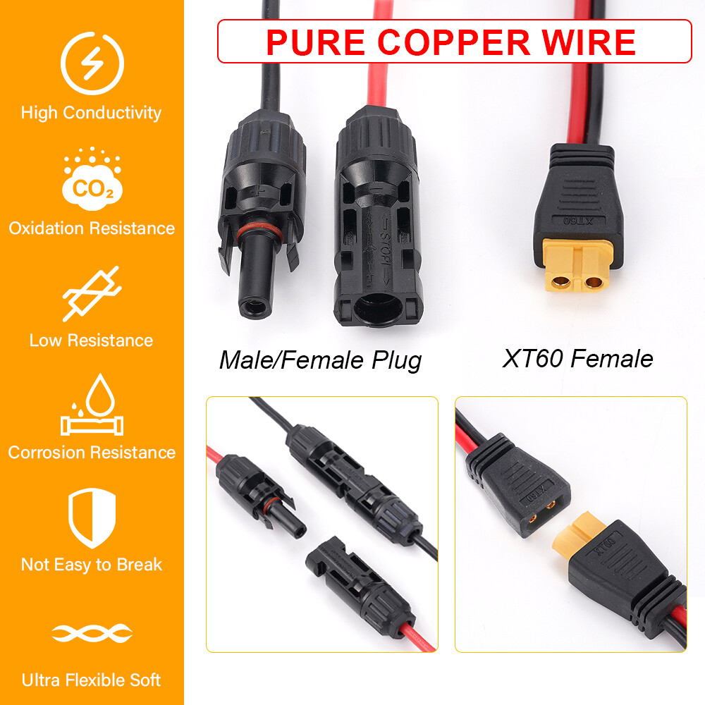 12 AWG 20 ft XT60 Female to Solar Connector Solar Panel Extension Charging Cable