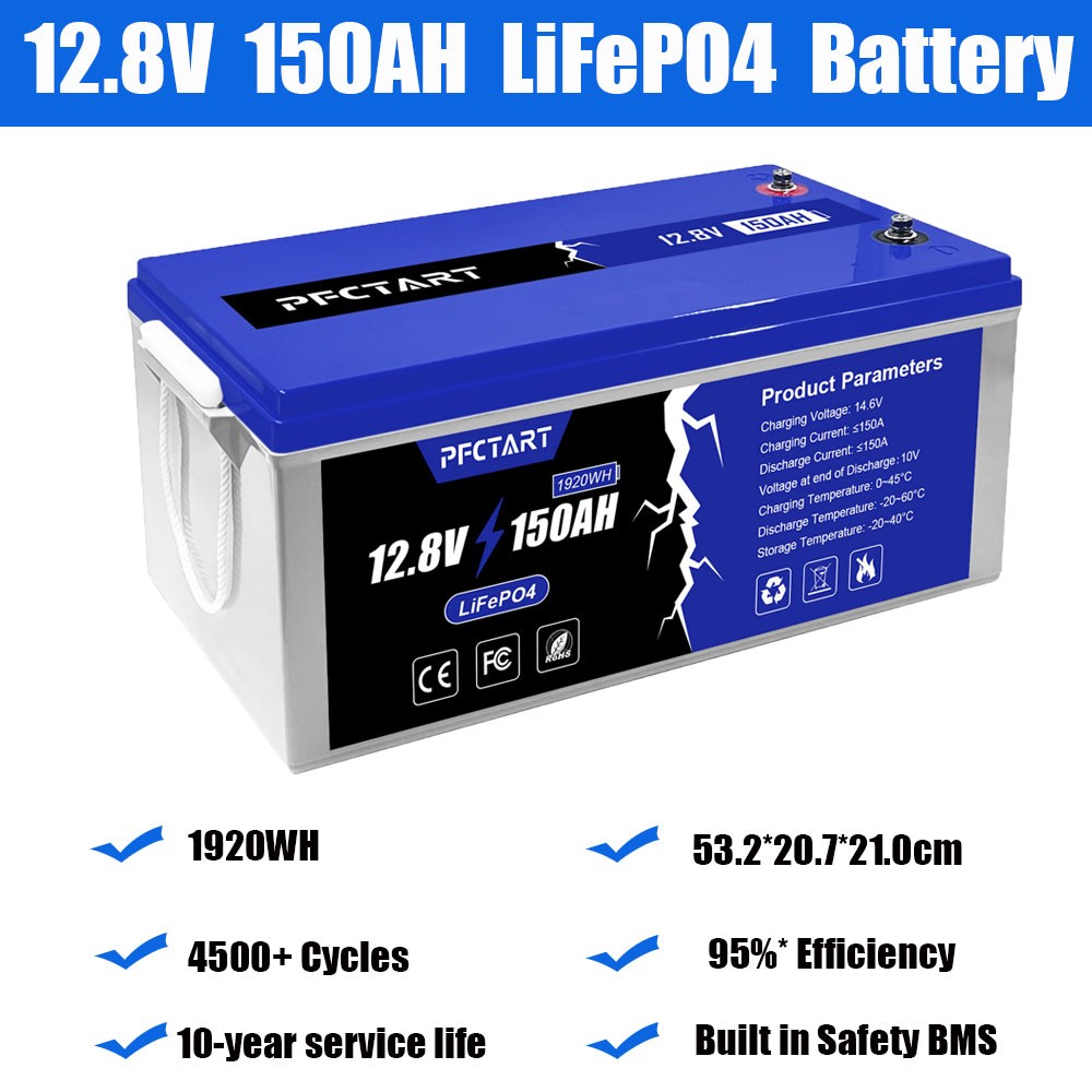 PFCTART 150AH LiFePO4 Lithium Battery Built-in Smart BMS for Solar RV Camping