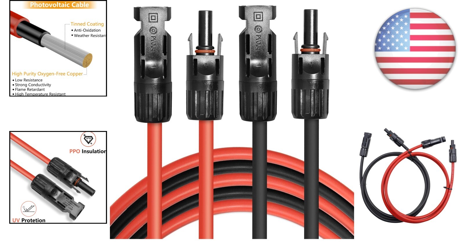High-Quality 10AWG Solar Extension Cables – Set of 2, 5FT Length, Weatherproof