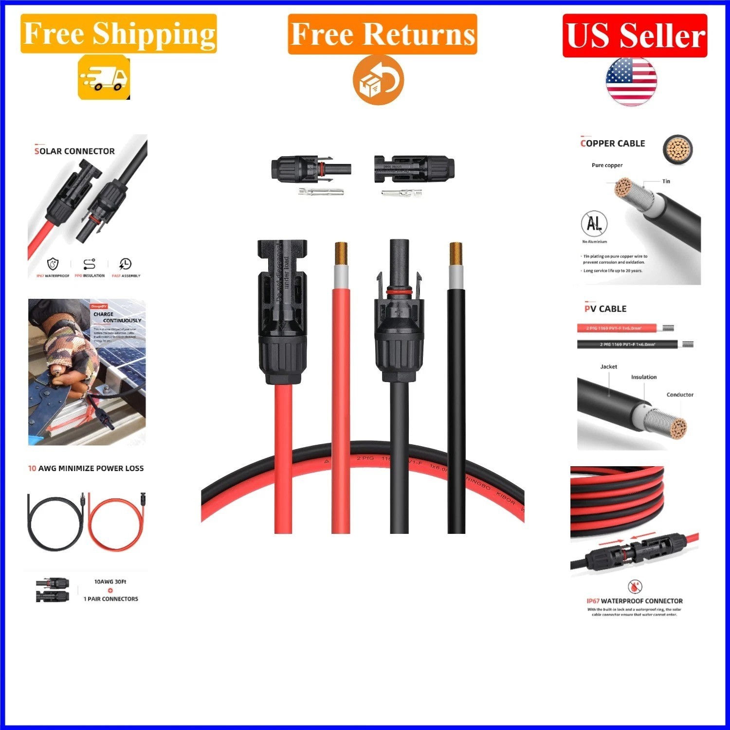 30ft 10AWG Solar Extension Cable Kit with Male/Female Connectors, Copper