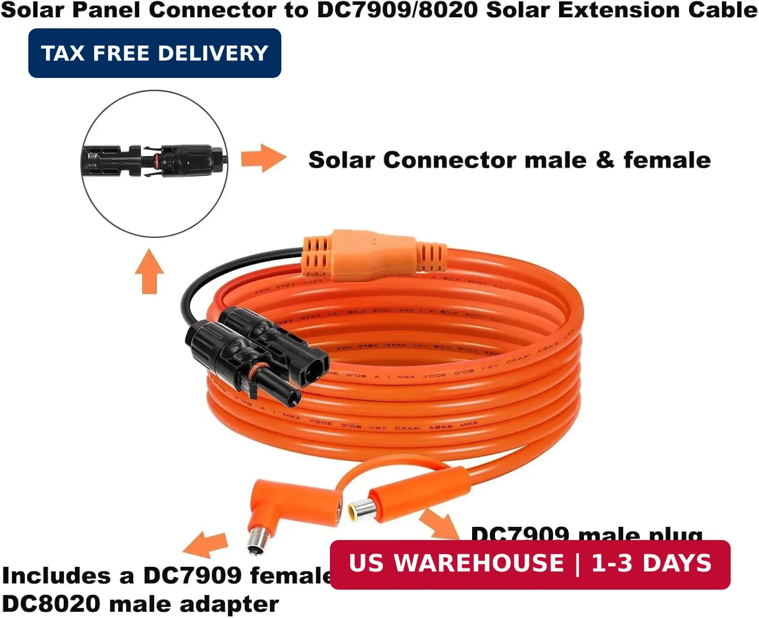 Solar Connector to DC 8mm Adapter Cable 25FT, 12AWG + 14AWG Tinned Copper Wire w