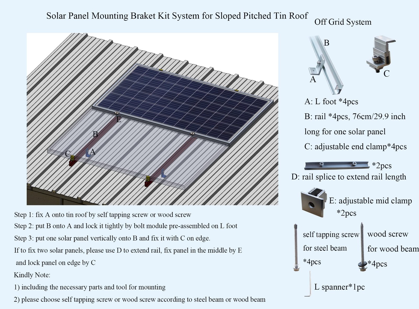 Solar Panel Roof Mounts Bracket Kit For Sloped Pitched Tin Roof