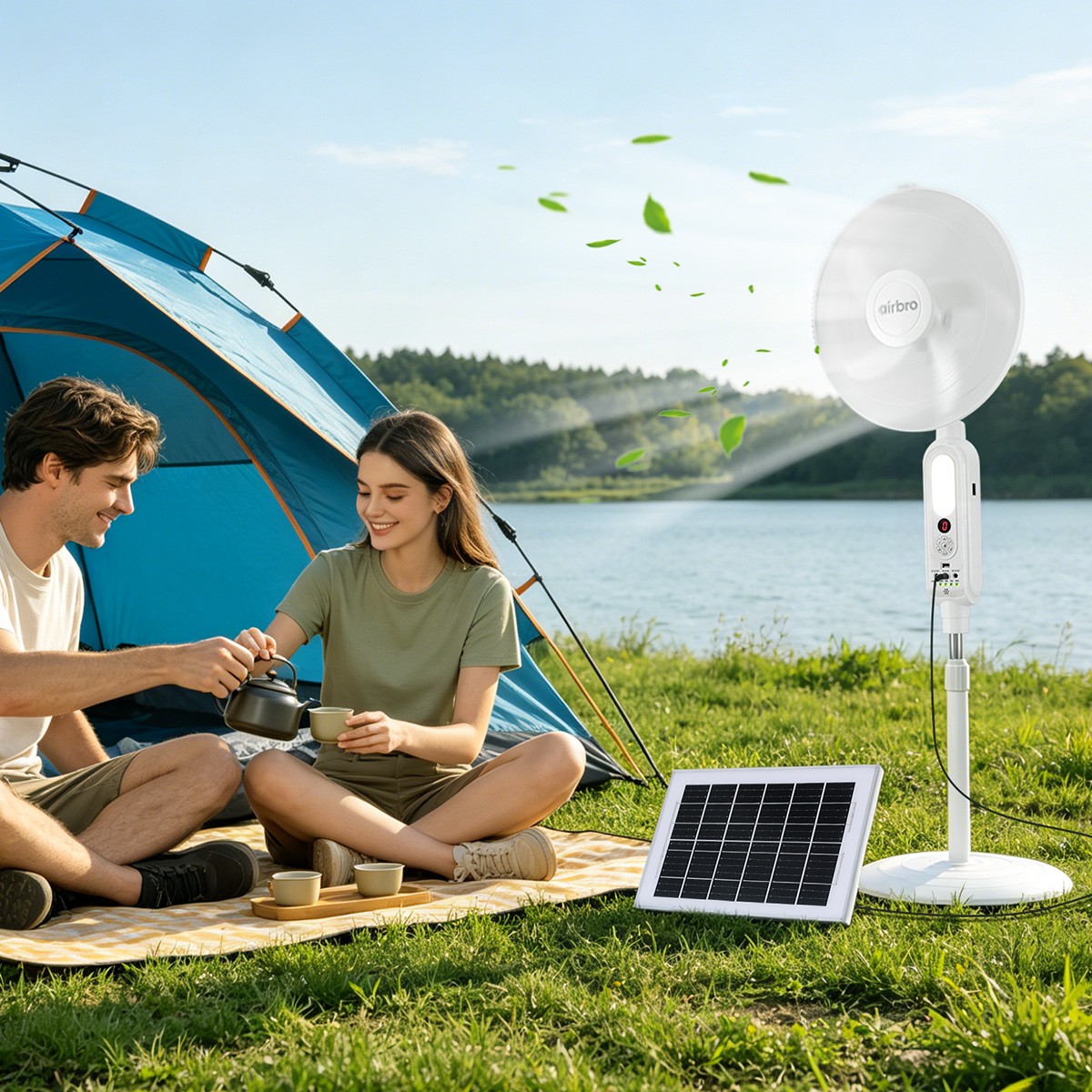 16″ Rechargeable Standing Floor Fan AC Solar Charging Fan w/ Remote &2 LED Bulbs