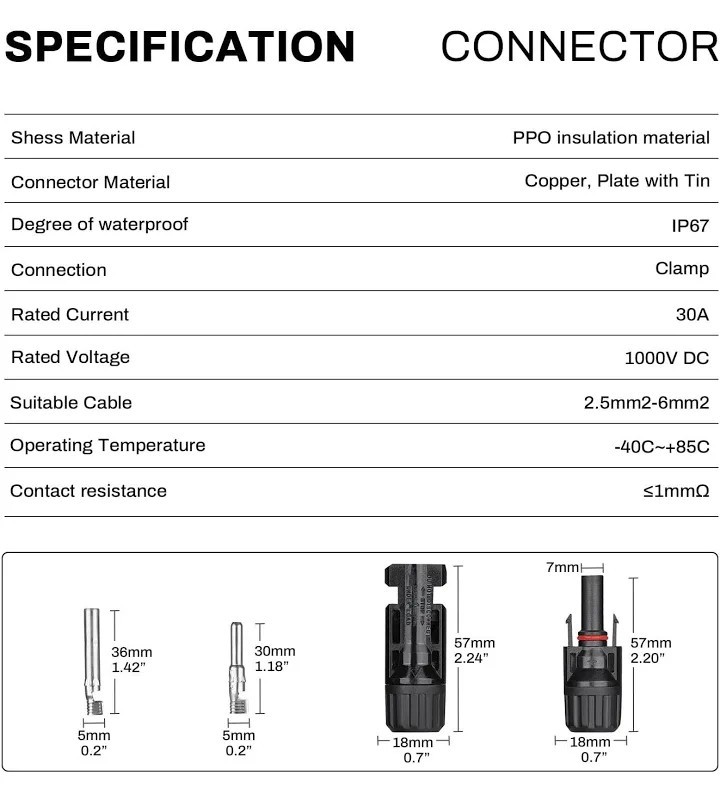 10AWG Solar Panel Extension Cable 20FT MC4 Connector IP67 Waterproof 1500V