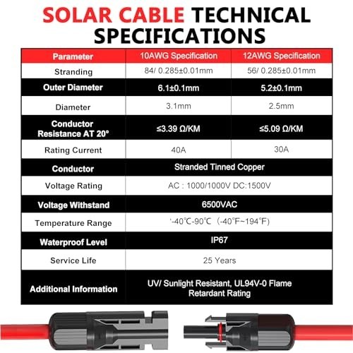 30ft Solar Panel Extension Cable 10AWG with Waterproof Connectors for RV & Solar
