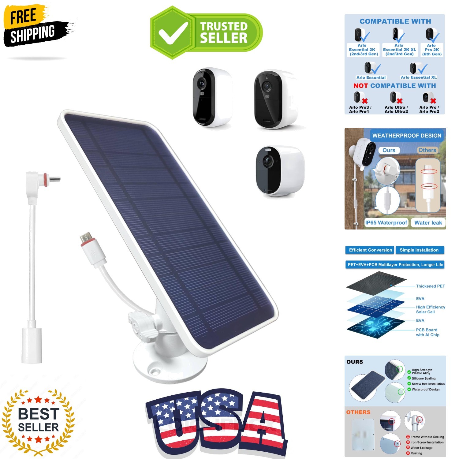 Solar Panel for Arlo Essential 2K/2K XL All 1st/2nd/3rd Gen and Essential/XL …