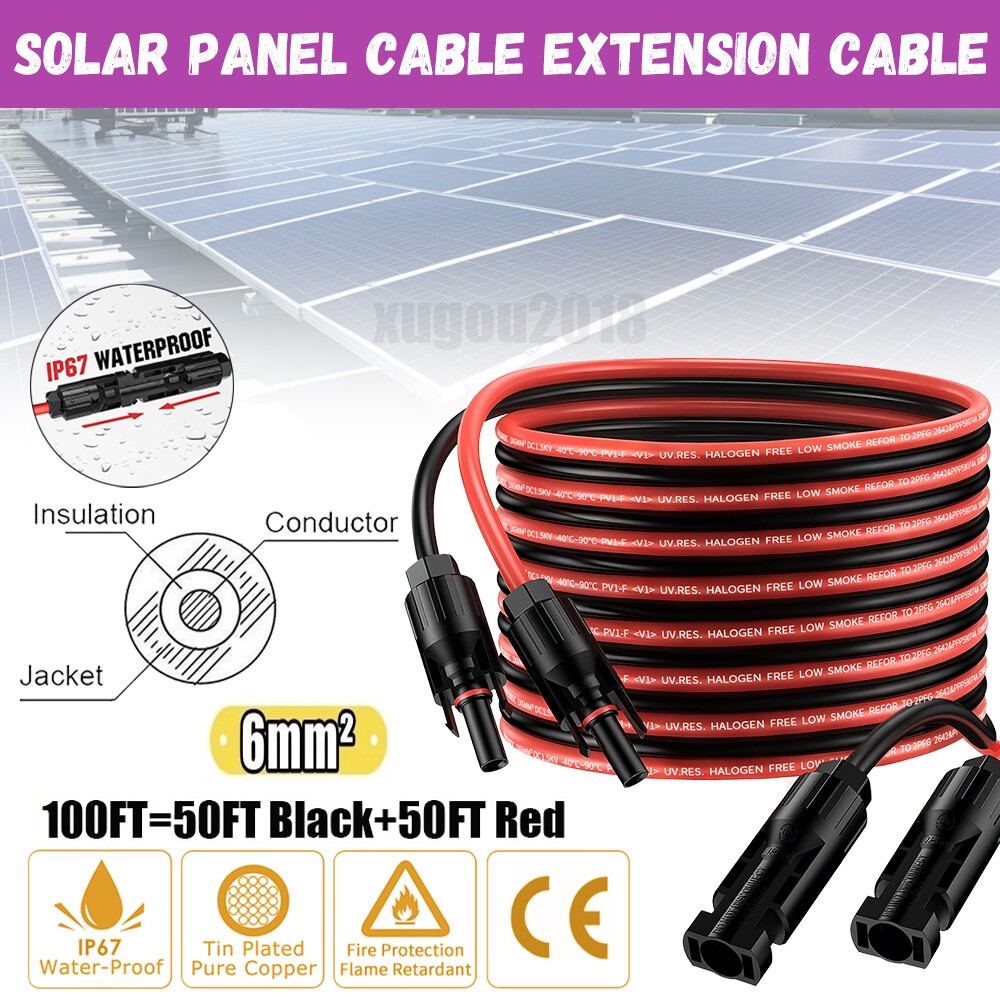 100FT 10 AWG Solar Panel Extension Cable PV Wire Solar Connectors Pair 6mm² US