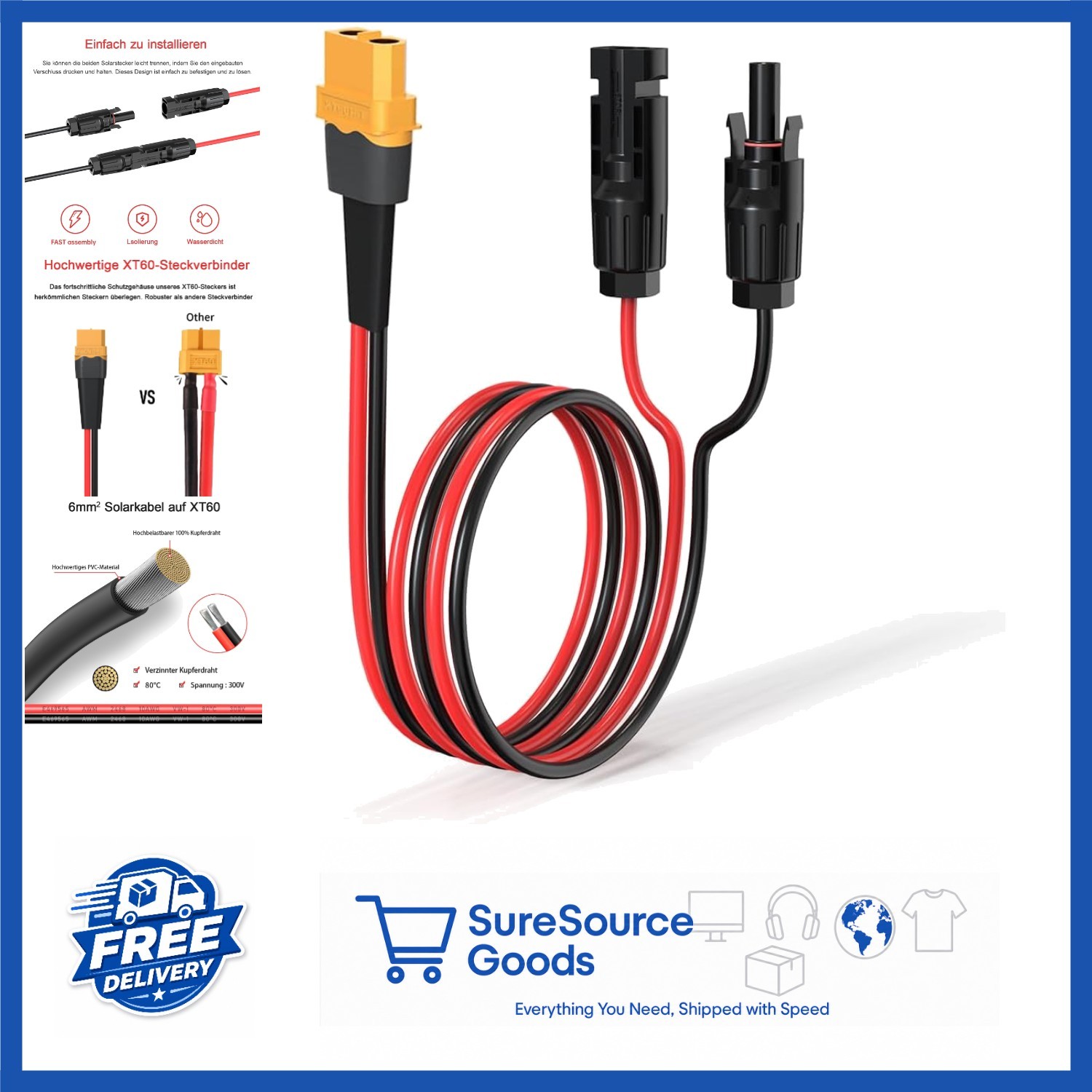 10AWG 2FT XT60 Solar Cable Male-to-Female Waterproof Connector for Power