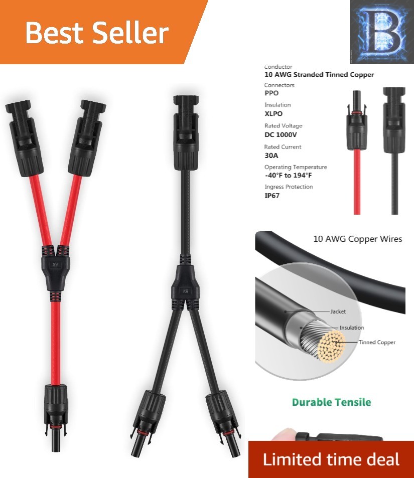 Y Branch Solar Connector Adapter, 12 Inches, 30A, Plug & Play Install