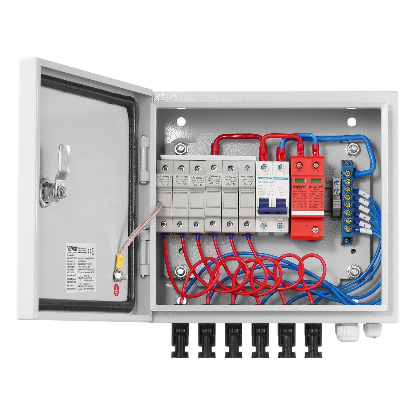 6-string 10A solar combiner box IP65 rated steel case weatherproof design