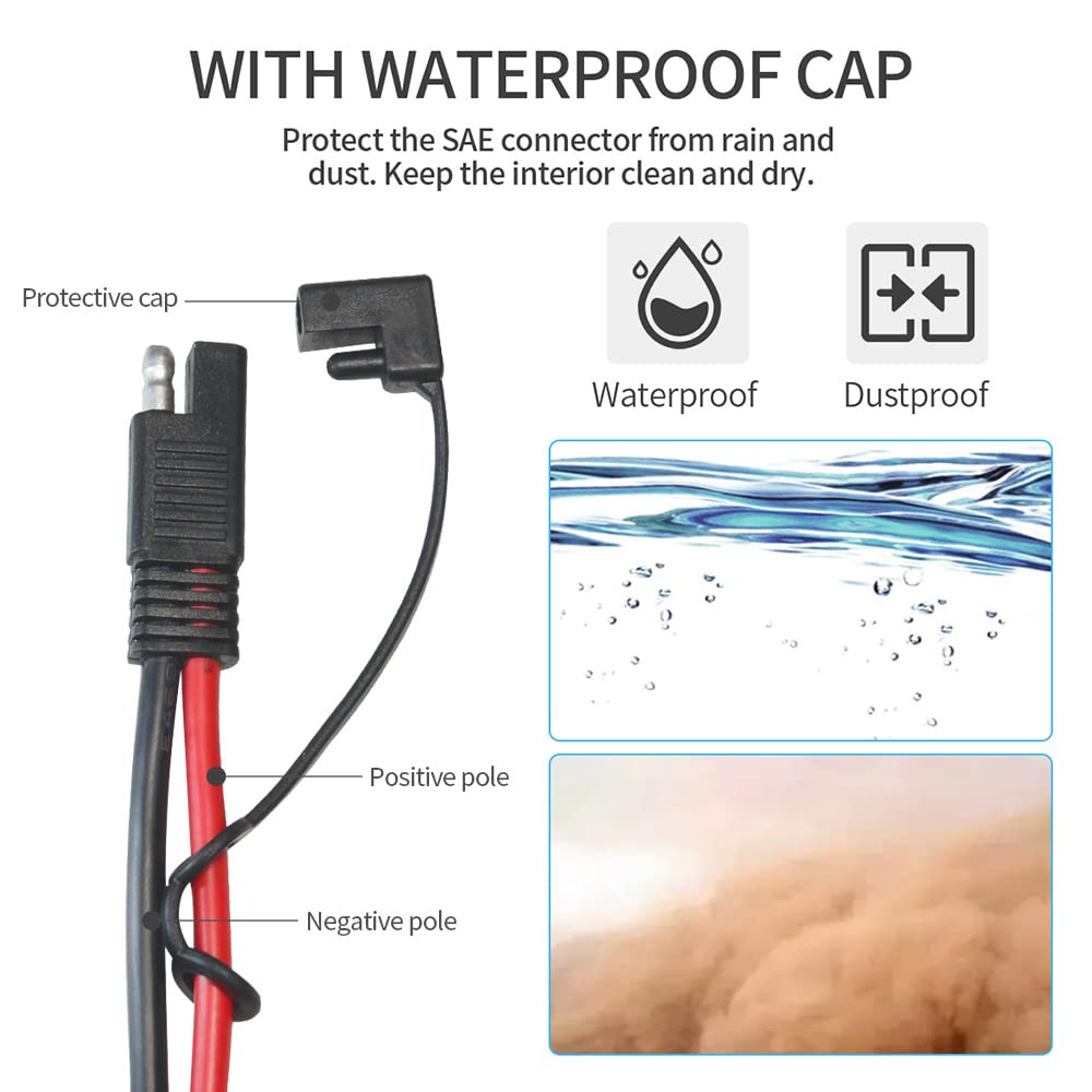 2FT 10AWG SAE to Alligator Clips Cable, Weatherproof, for Solar Cells, Small Aut