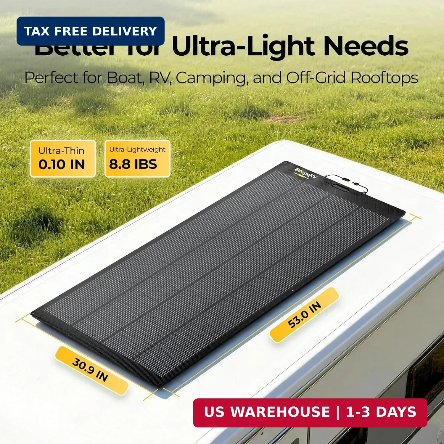 BougeRV Upgrade Arch 200W N-Type Fiberglass Flexible Solar Panel, 24 Volts 16BB