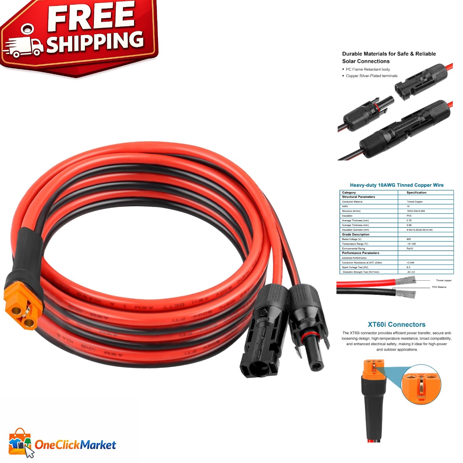 10FT XT60i Solar Panel Adapter Cable – 10AWG Tinned Copper for Power Stations