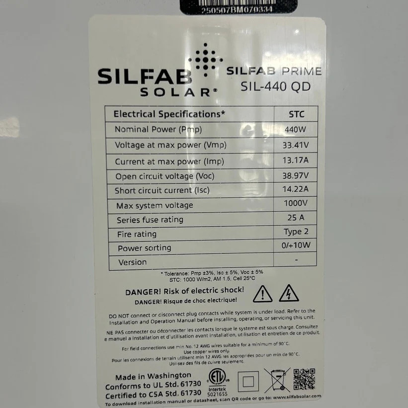 New Silfab Prime 440W QD 108 HC 1000V Residential Black Solar Panel Module