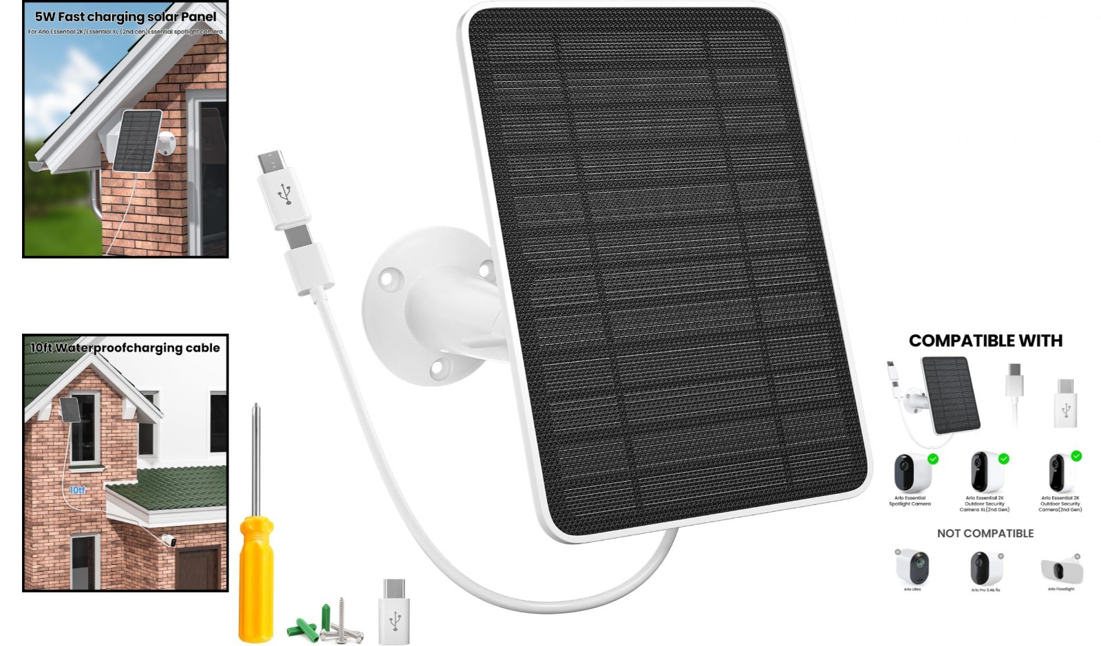 1Pack 5W Solar Panel Charger Arlo Essential 2K Outdoor(2nd Gen)/Essential XL