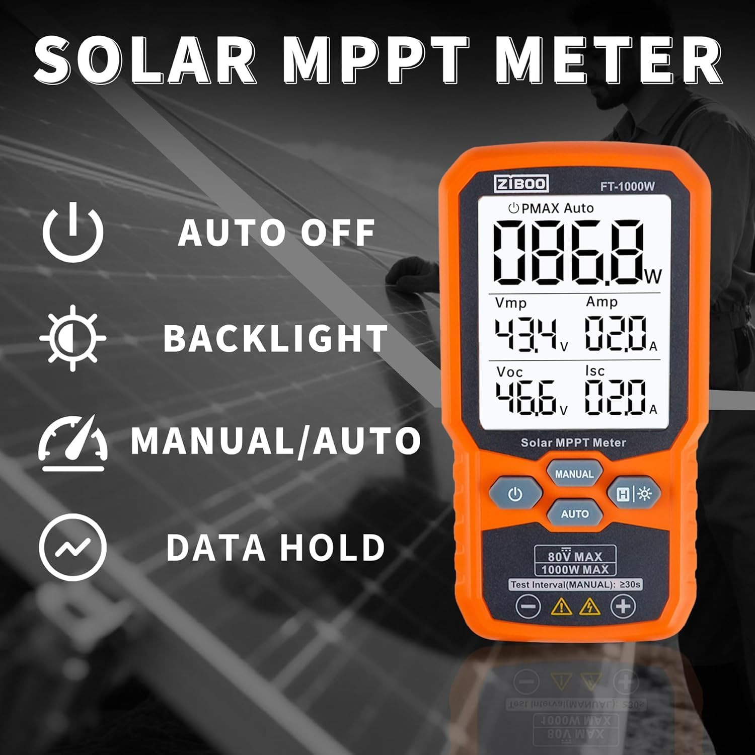 ZIBOO FT-1000W Solar Panel Tester MPPT Meter – 1000W Max Power, 80V/35A PV