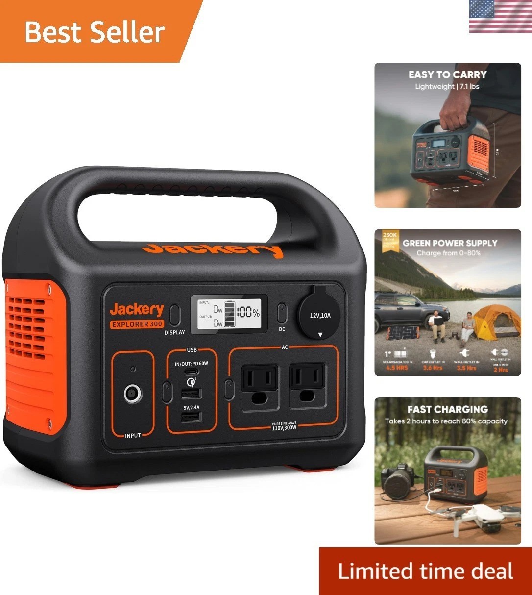 Jackery Explorer 300 Portable Power Station: 293Wh Lithium Battery for Outdoors
