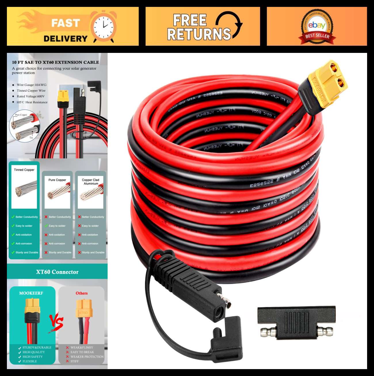 10FT 10AWG SAE to XT60 Connector Extension Cable, Polarity Reverse Adapter for S