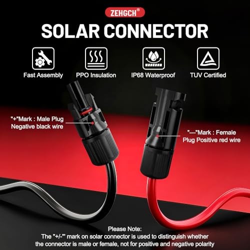 Solar Panel Cable Connector Kit with 10AWG Heavy-Duty Tinned Copper Charge 6FT