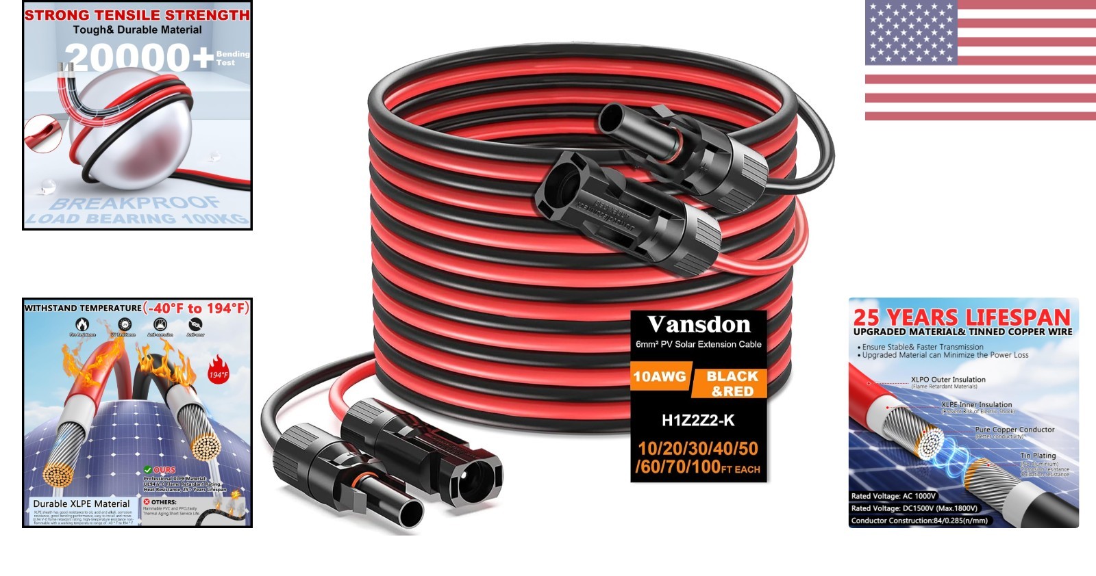 High-Efficiency 100FT Double 10AWG Solar Extension Cable for RV and PV Systems