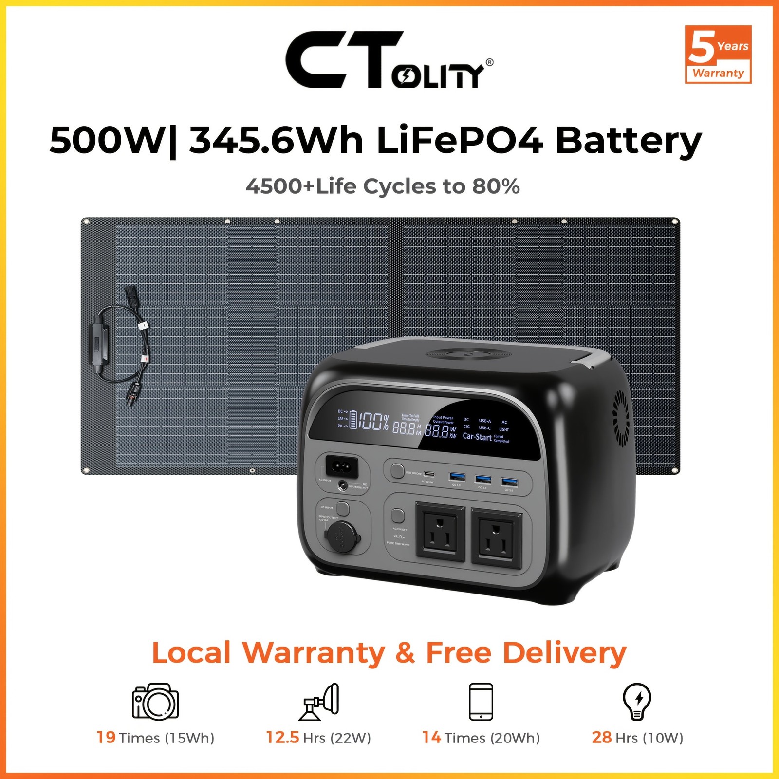 500W Portable Power Station 345.6Wh LiFePO4 Battery，100W/200W solar panel