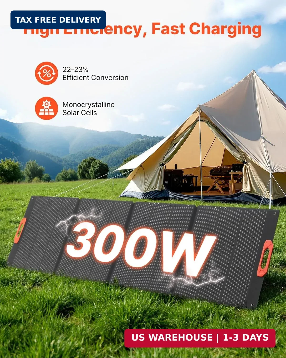 VEVOR 300W Foldable Monocrystalline Solar Panel, 23% High-Efficiency Portable Mo