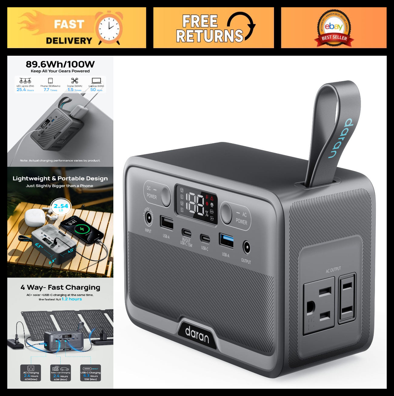Portable Power Station 89.6Wh, 100W Solar Power Bank, AC Outlets, PD Fast Chargi