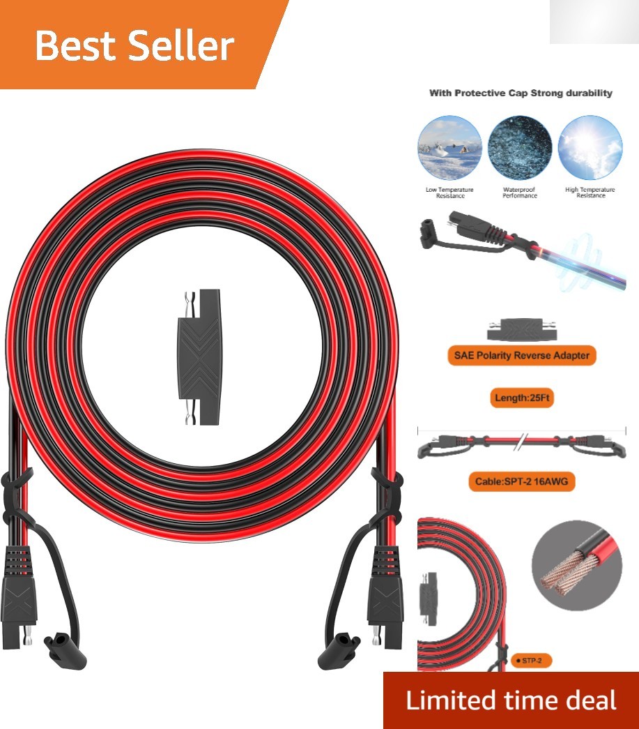 12FT SAE to SAE Extension Cable – 16AWG Water-Resistant Connector for Auto/Solar