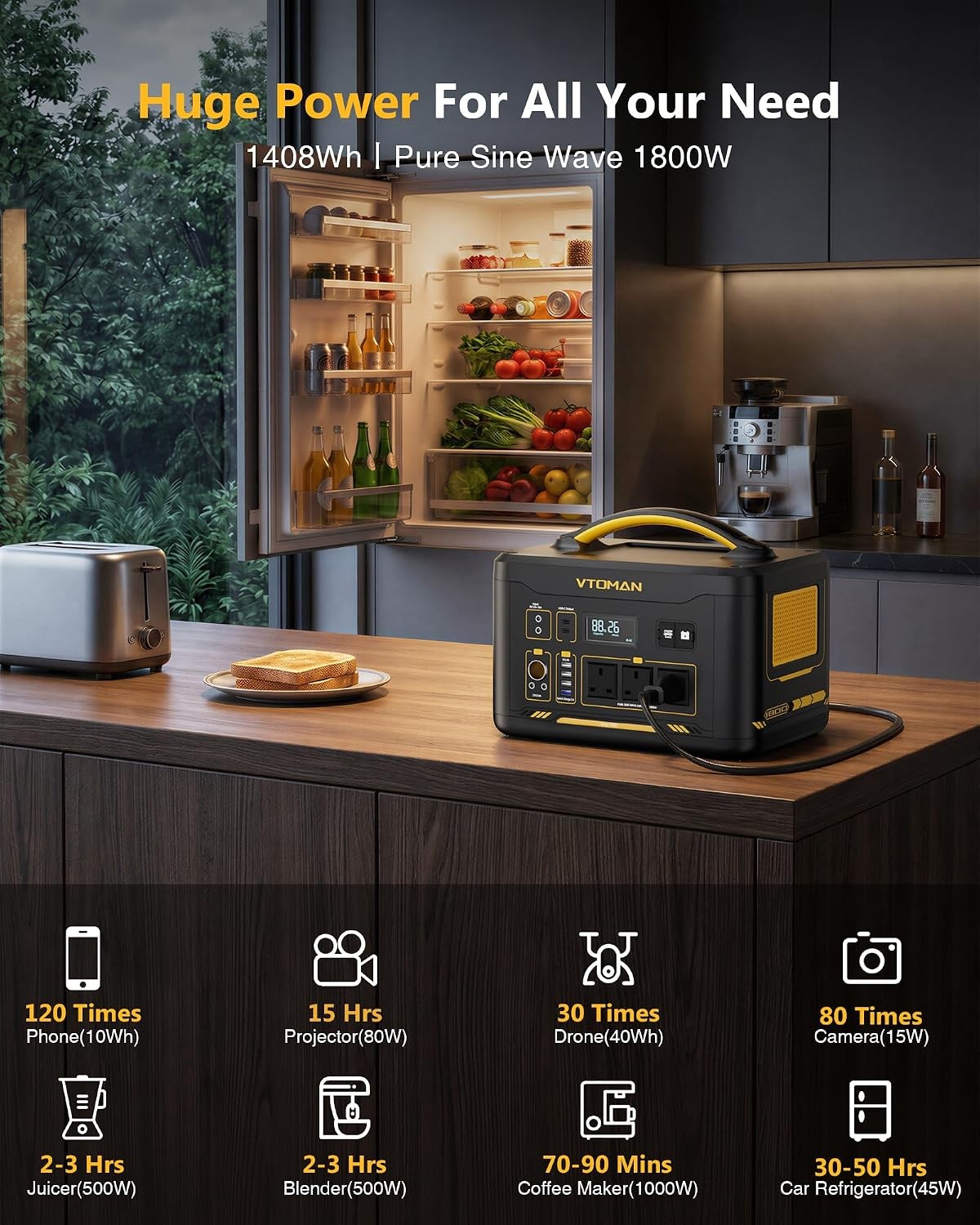 VTOMAN Jump 1800 Portable Power Station, 1548Wh LiFePO4 Solar Generator 1800W