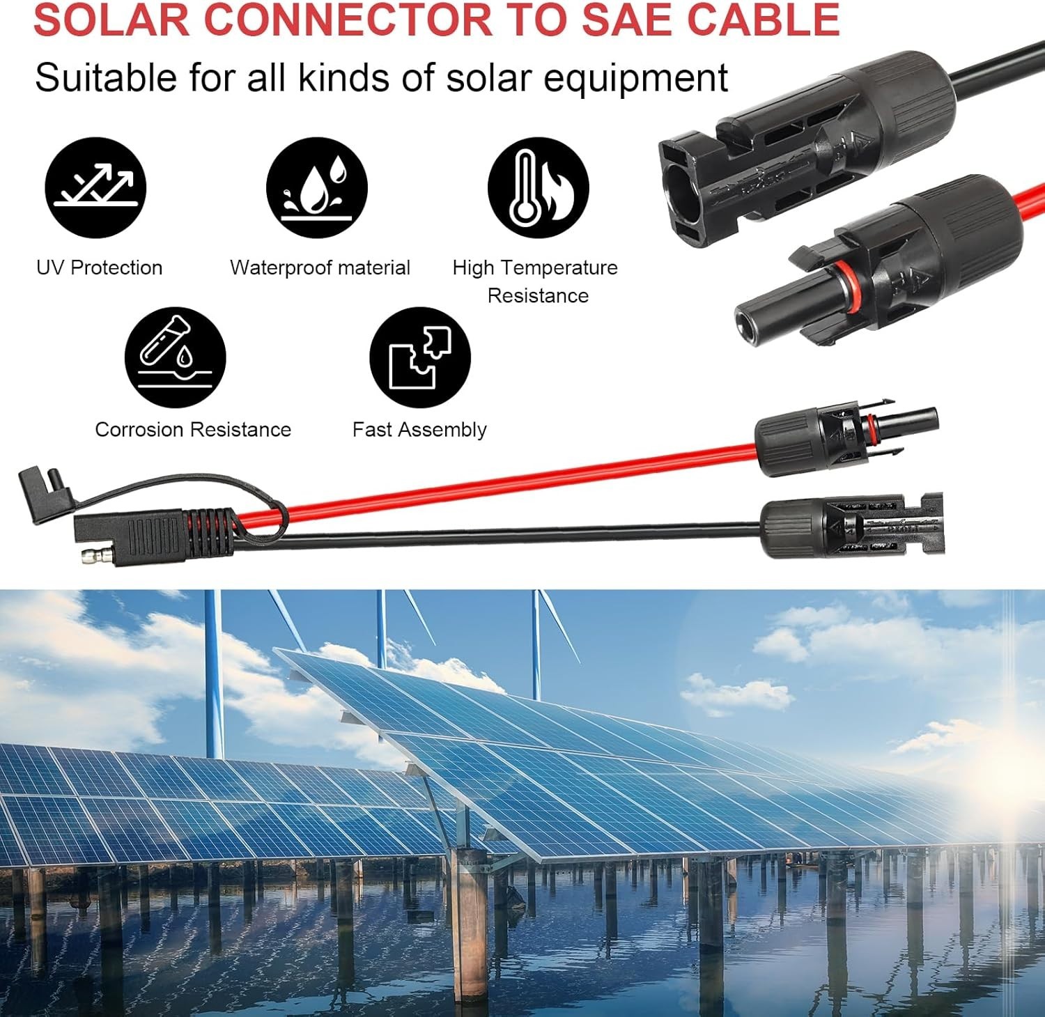 20ft 10AWG Solar Extension Cable SAE Compatible with Solar Panel Battery Charger