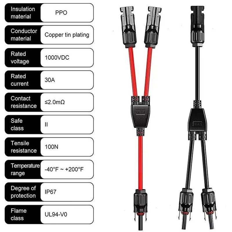 2PCS Solar Y Branch Connector Cable 30A 1000V PV Panel Parallel Adapter