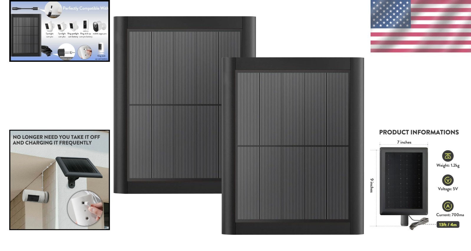 Solar Panel for Ring Camera(2Nd Generation), 2 Pack 5W Solar Panel with 12FT