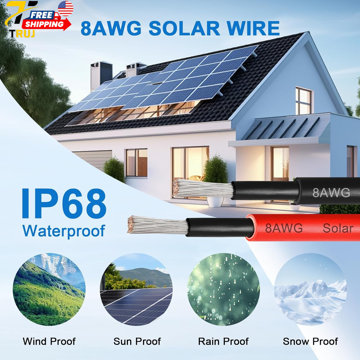 8AWG Solar Panel Wire 10Mm² 2 Pack 50FT Red & Black Solar Extension Cable PV Wir