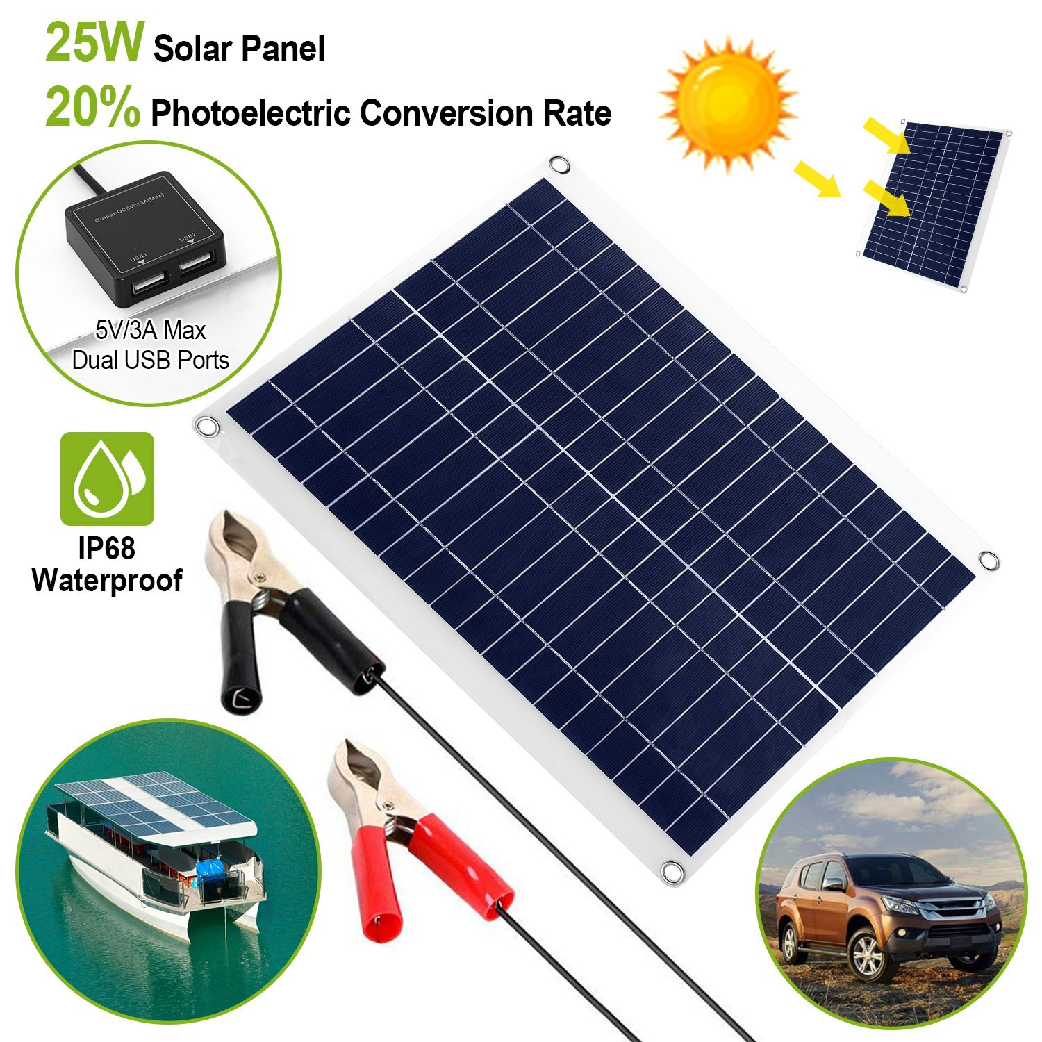 25W Solar Panel Kit 12V Battery Charger Controller Caravan Boat RV Car Outdoor