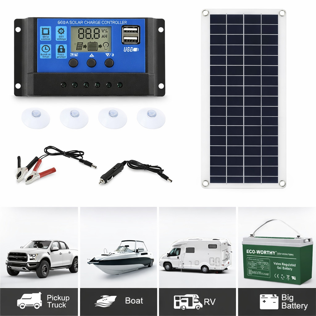Portable 12V Solar Panel Kit 60A Controller USB Charger Camping Car Battery AU