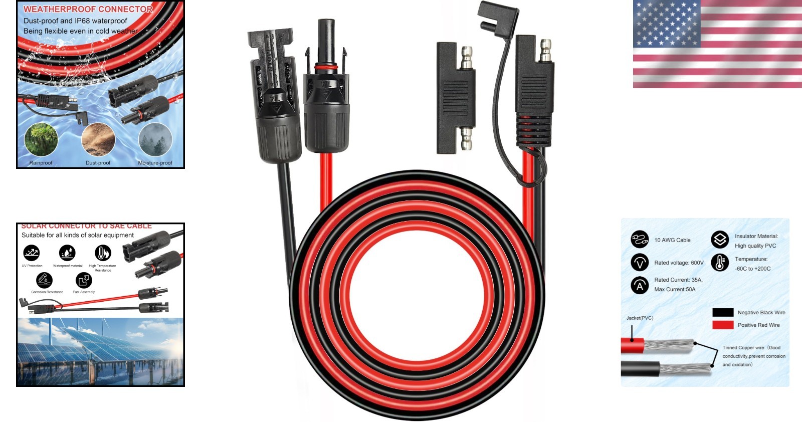 20ft 10AWG Solar Extension Cable SAE Compatible with Solar Panel Battery Charger