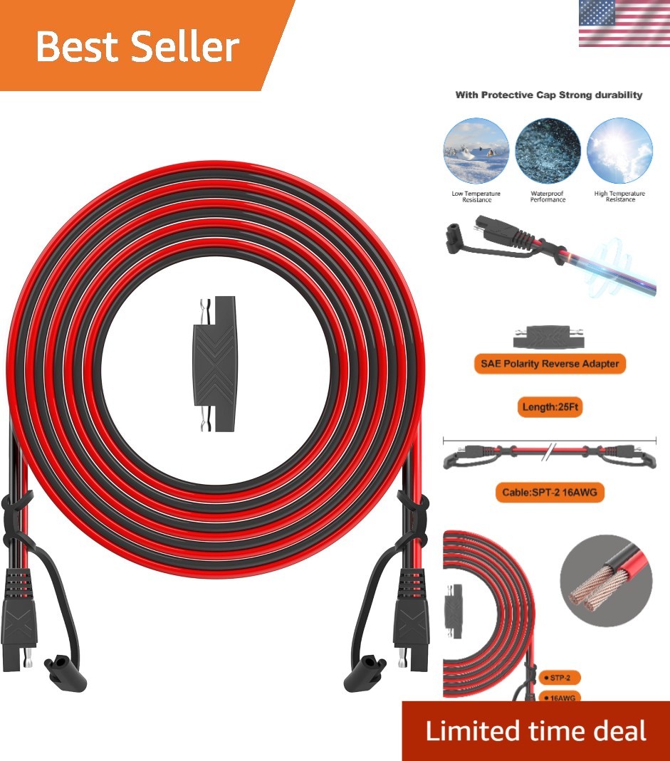 Universal 25FT SAE Extension Cable 16AWG Male-Female Connector – Durable Design