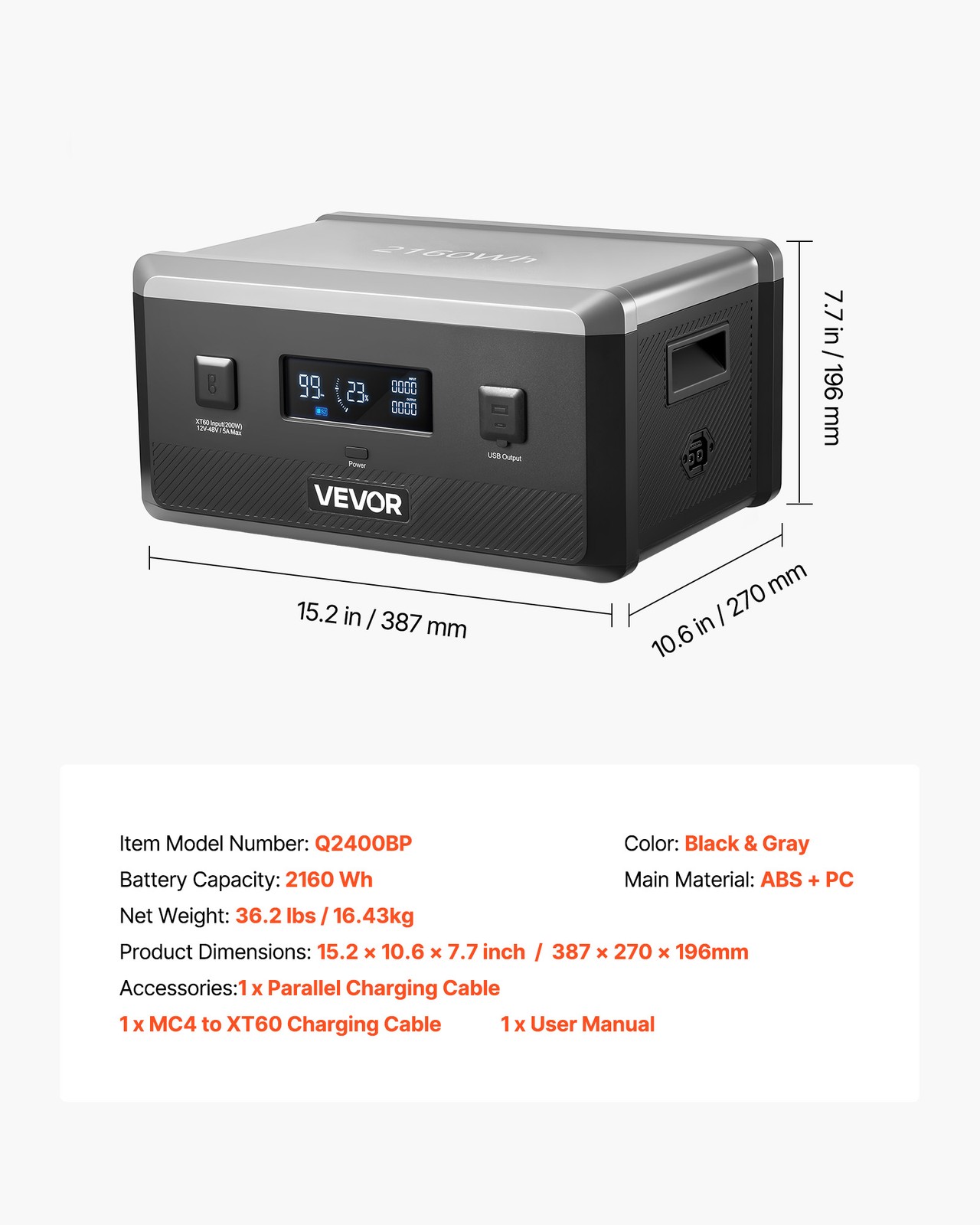 VEVOR Extra Battery for Portable Power Station 2160Wh LiFePO4 Expansion Battery