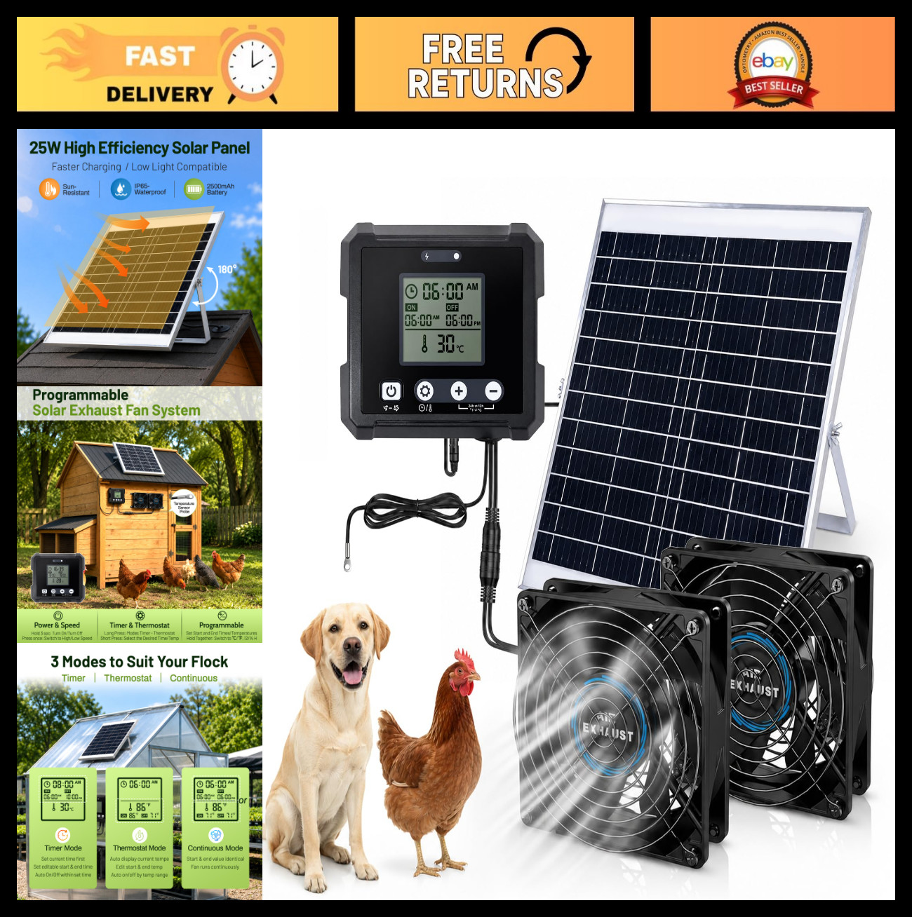 25W Solar Exhaust Fan for Chicken Coop & Greenhouse, Dual Vent, 2500mAh Battery,