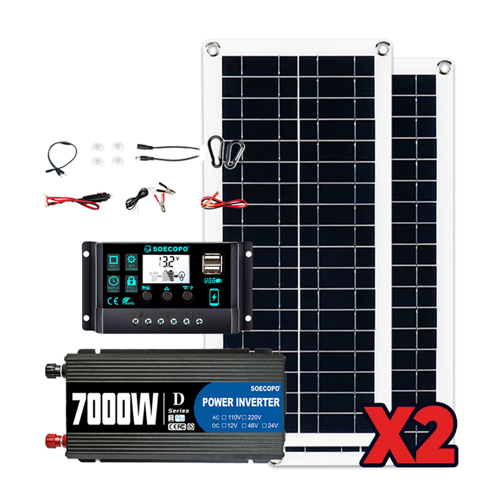 7000W Solar Kit DC 12V – AC 110V/220V Inverter, 2pcs Solar Panels, Controller