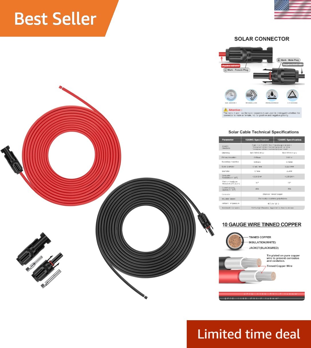Enhanced 100Ft Solar Panel Extension Cable – 10AWG, Weather Resistant & Robust