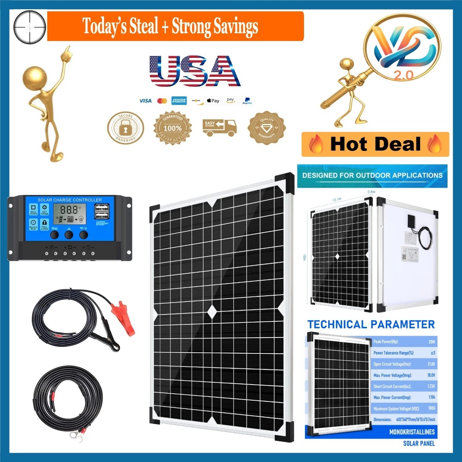 20W 12V Monocrystalline Solar Panel Kit with Charge Controller & Cables for R…