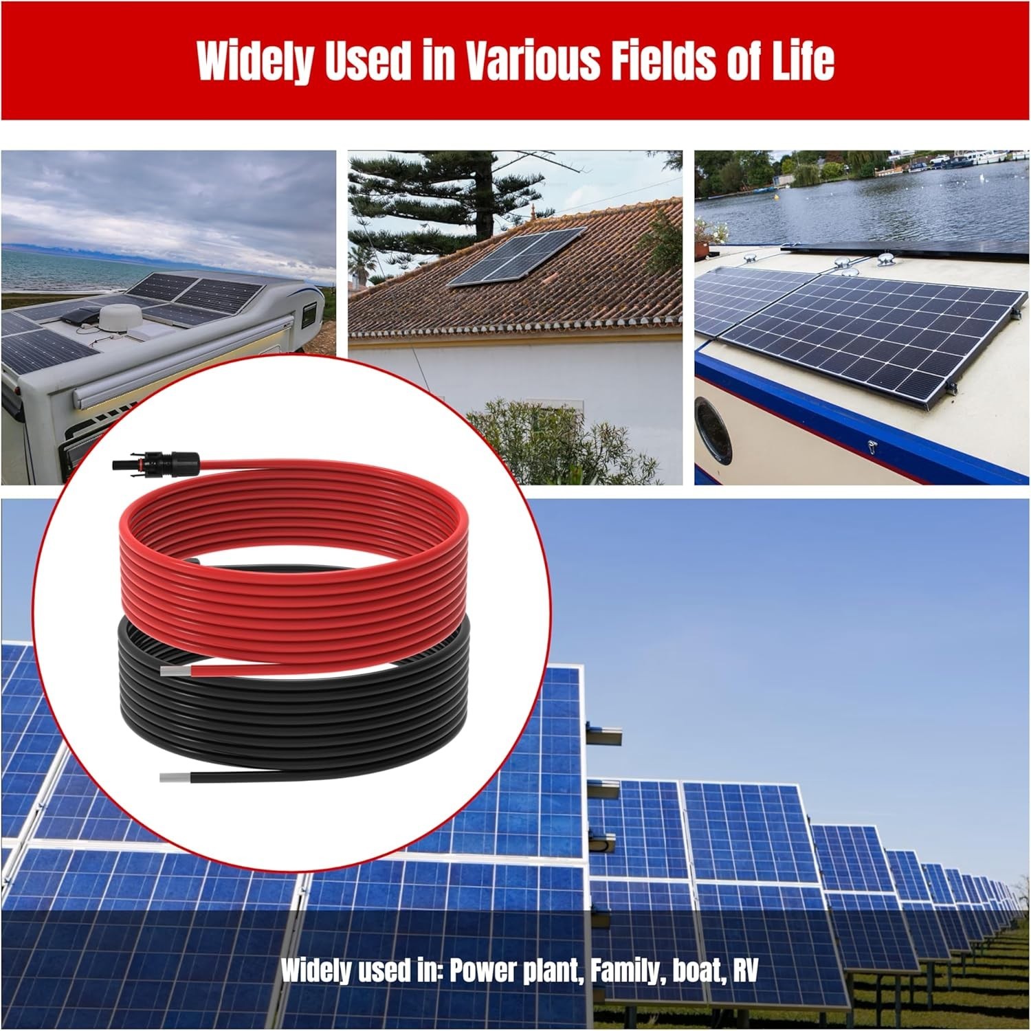 10 AWG Solar Panel Extension Cable 30Ft for RV Boat Home,Black & Red