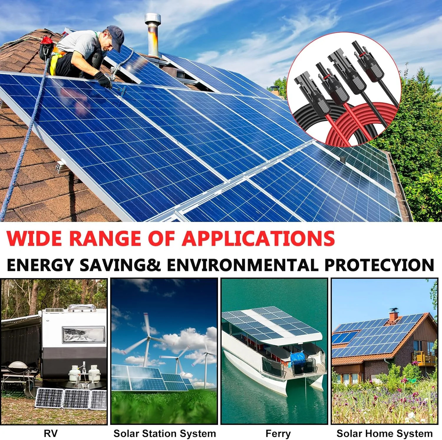 Vansdon 2×30 Feet Solar Panel Extension Cable- 10AWG Solar Cable Solar Panel Cab