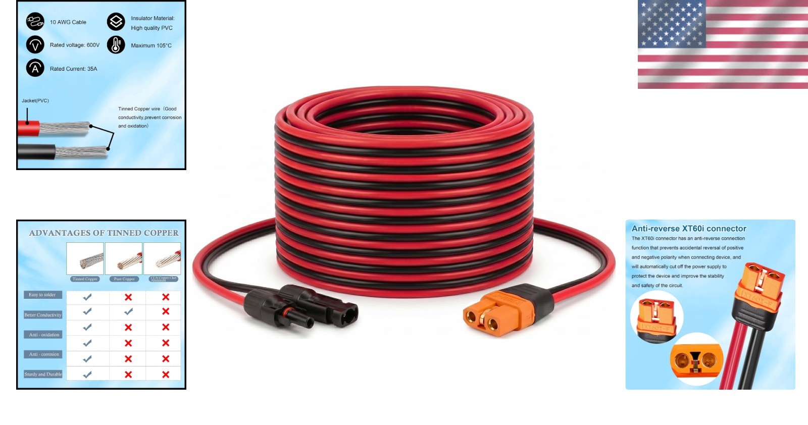 10AWG Solar Panel Connector Cable 20FT XT60i Adapter