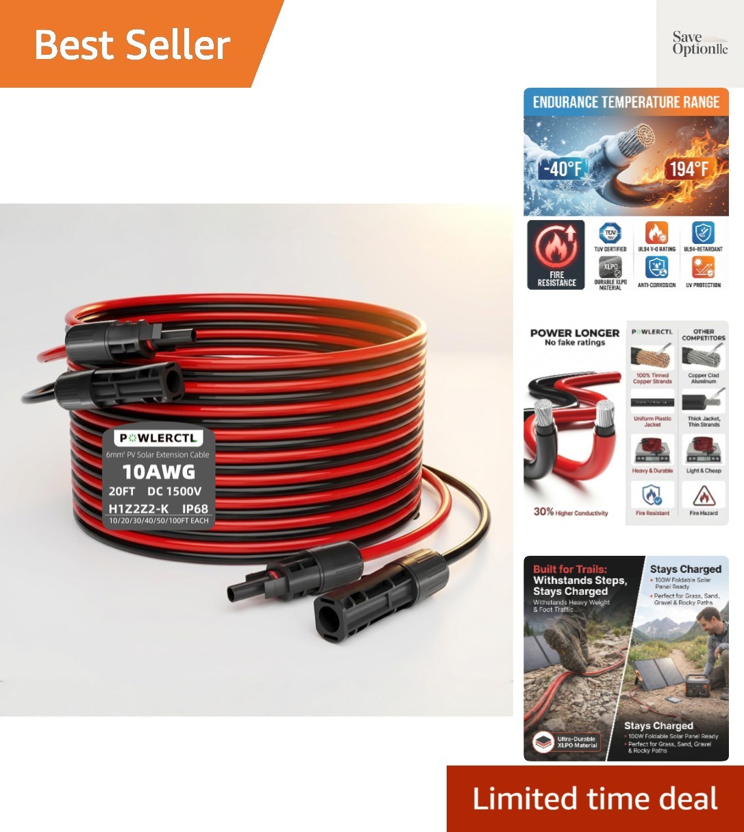 Solar Panel Extension Cable 10 AWG 20Ft 6mm² Wire Gauge Certified PV Cable,10…