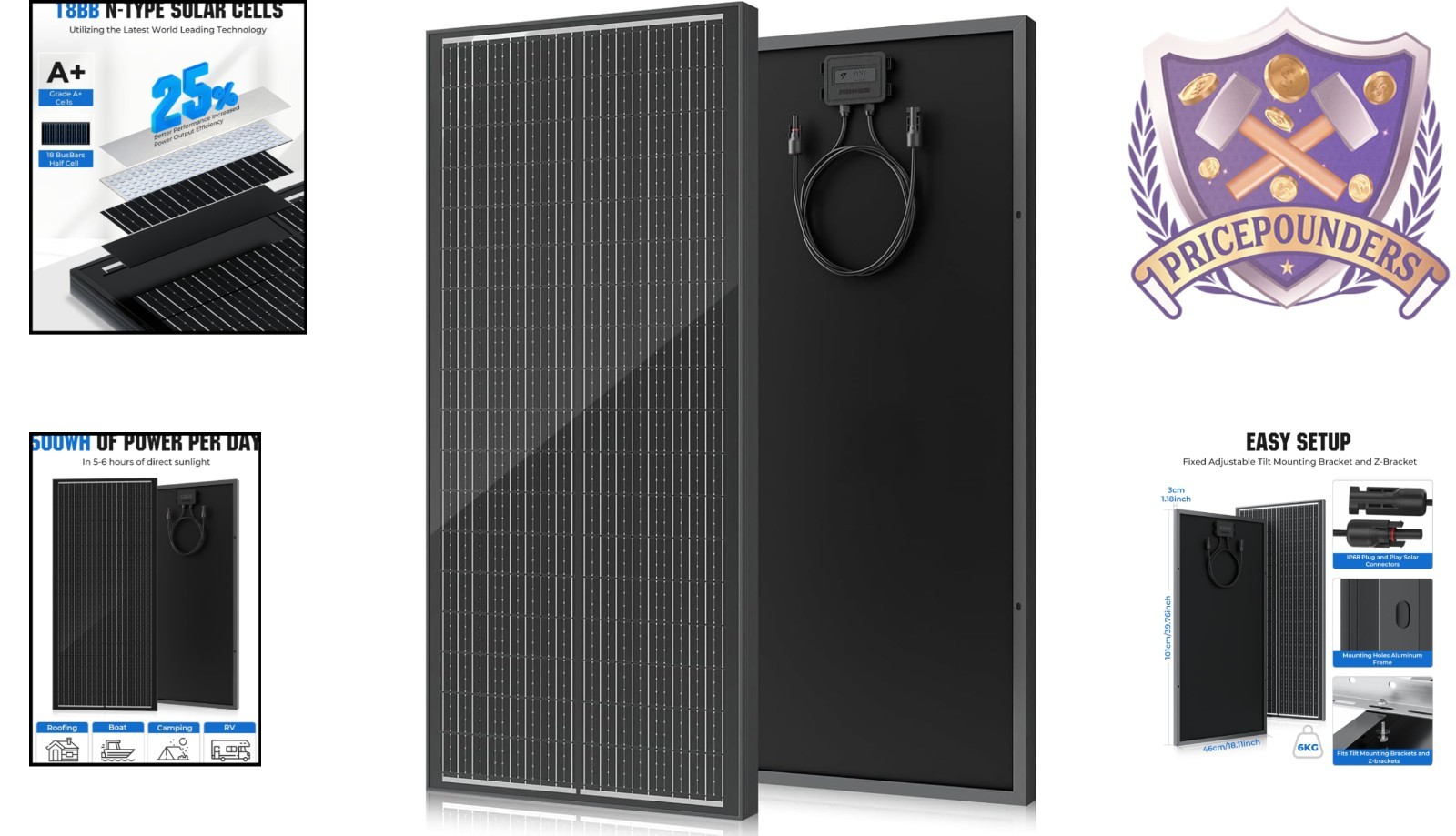 18BB 100W Solar Panel Monocrystalline High Efficiency Off-Grid RV Marine Rooftop