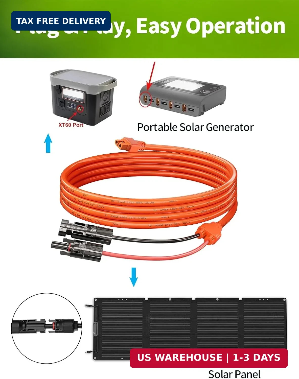 6.6FT Solar to XT60i Charging Cable, 12AWG Solar Connector to XT60i Connector So